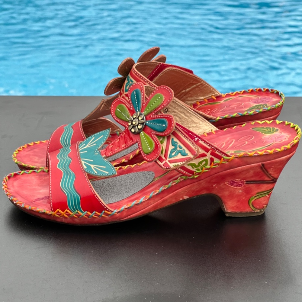 Corkys Elite Artsy Mule Heels Red Leather Floral Slip On Heeled Sandal Size 9 - Picture 7 of 16